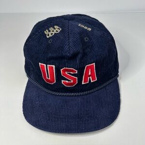 Vintage Olympics USA blue corduroy hat cap leather drew pearson clutch